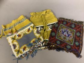 19th century woven beaded bags, three, all with draw-string closures, unusually large, two with