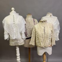 Edwardian style blouses: four blouses, two trimmed with colourful woven ribbon to contrast with