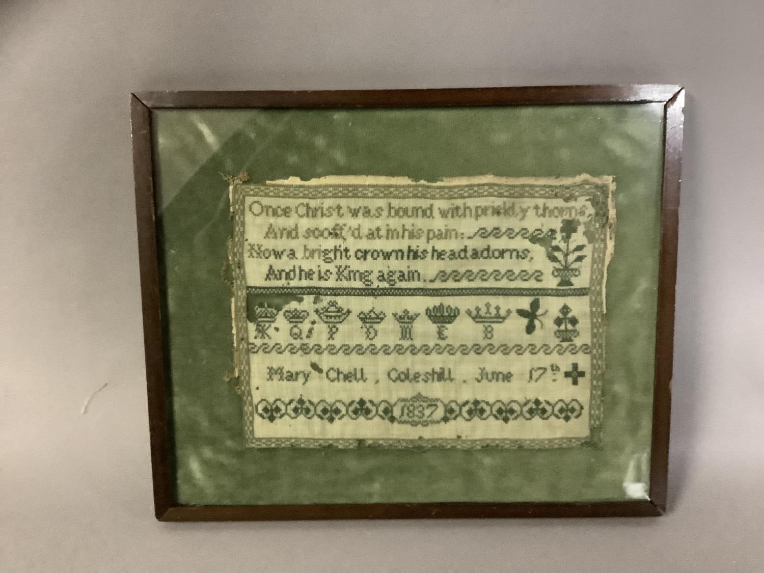 A small early 19th century needlework sampler, worked in dark green thread on fine linen, dated - Image 2 of 6