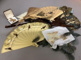 A selection of Marquetry feather fans plus another: two marquetry feather fans, both on faux