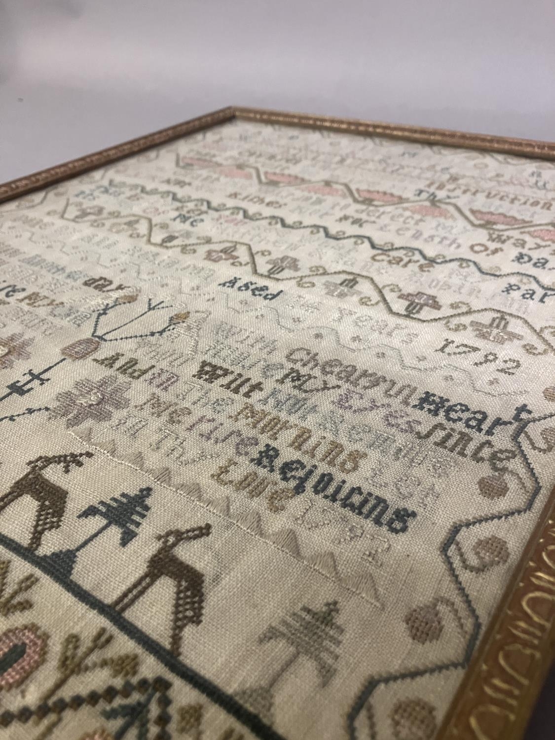 A good 18th century needle work sampler, dated 1792 in three places, alpha-numeric with the addition - Image 5 of 5
