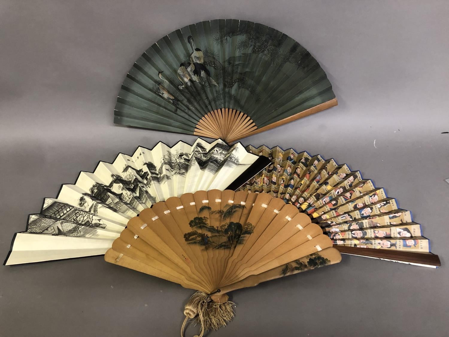 Four oriental fans: a 19th century Japanese wood brisé the 18 inner sticks and two guards with - Image 2 of 10