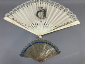 C 1890’s, an unusual incised bone fan mounted with a leaf of cream silk, bordered with a floral