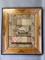 A mid-19th century darning sampler, European, unusual with a mix of darning, woolwork, beadwork,