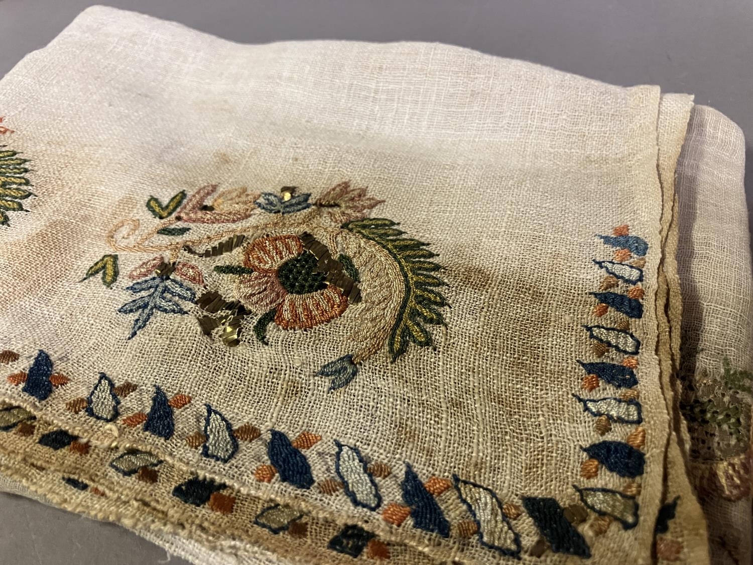 Ottoman textiles, a selection of towels and a shawl: a medium weight towel with silk embroidery to - Image 3 of 4