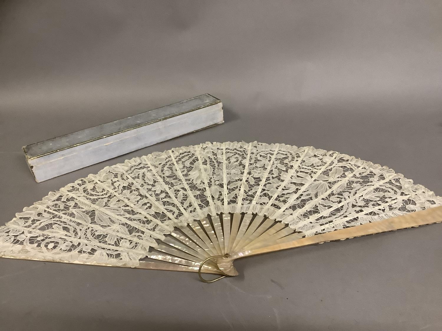 Antique Lace: a c 1890’s Mixed Brussels lace fan, the monture of pink mother of pearl, the deep leaf