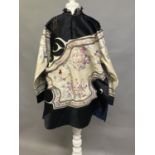 An antique Chinese embroidered silk jacket, Ru, closure to the right, with 5 metal bobble buttons,