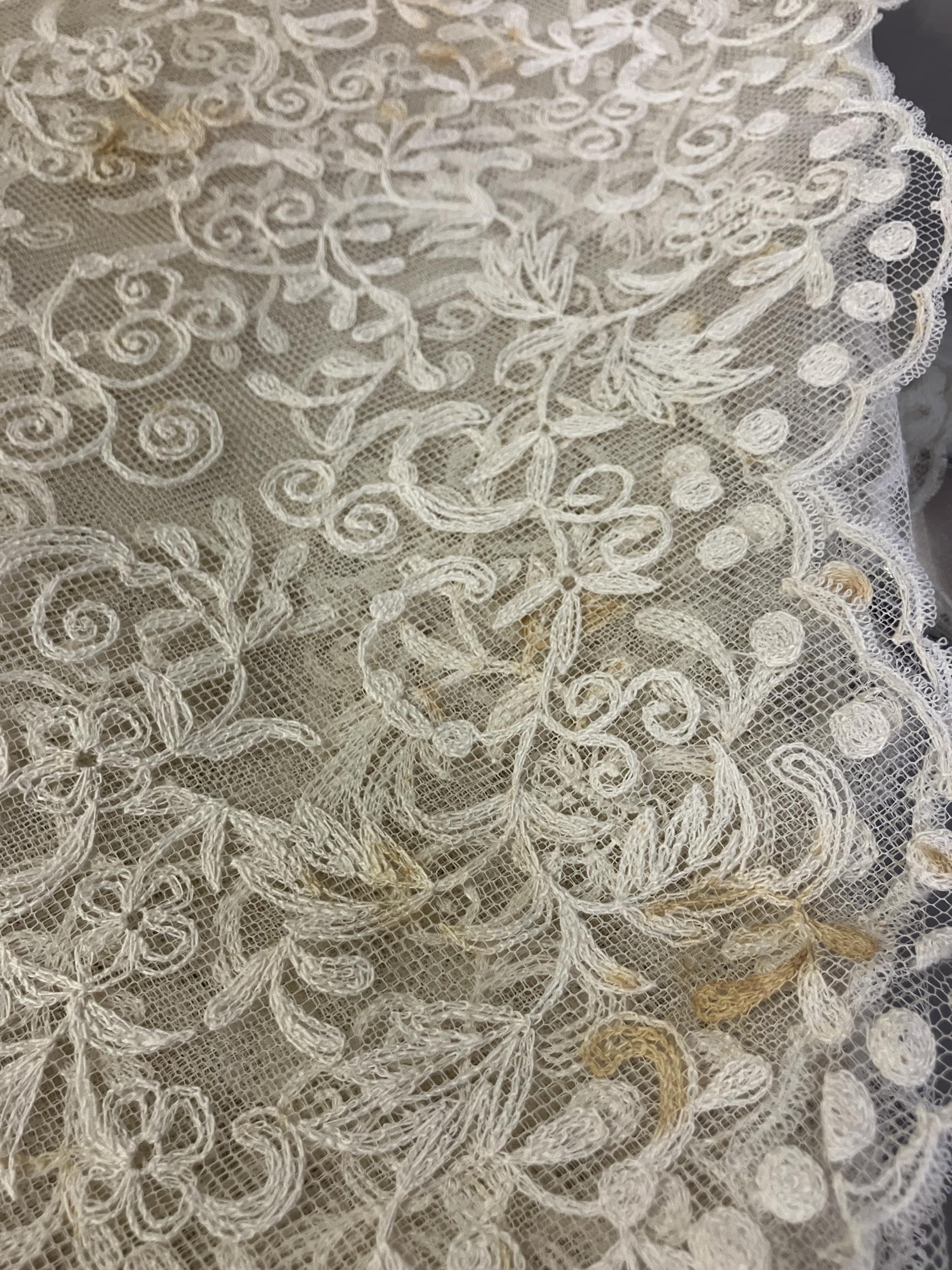 A large embroidered net Edwardian wedding veil, the design creating deep borders and worked well - Image 6 of 8