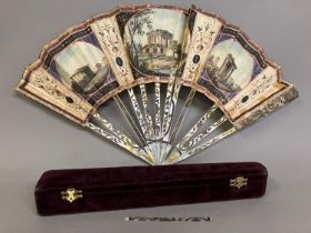 A late 18th century Grand Tour fan, the monture of mother of pearl, gilded, with design to the
