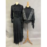 Two Edwardian bodices and a skirt, all in black, none matching, the first bodice in a heavy black