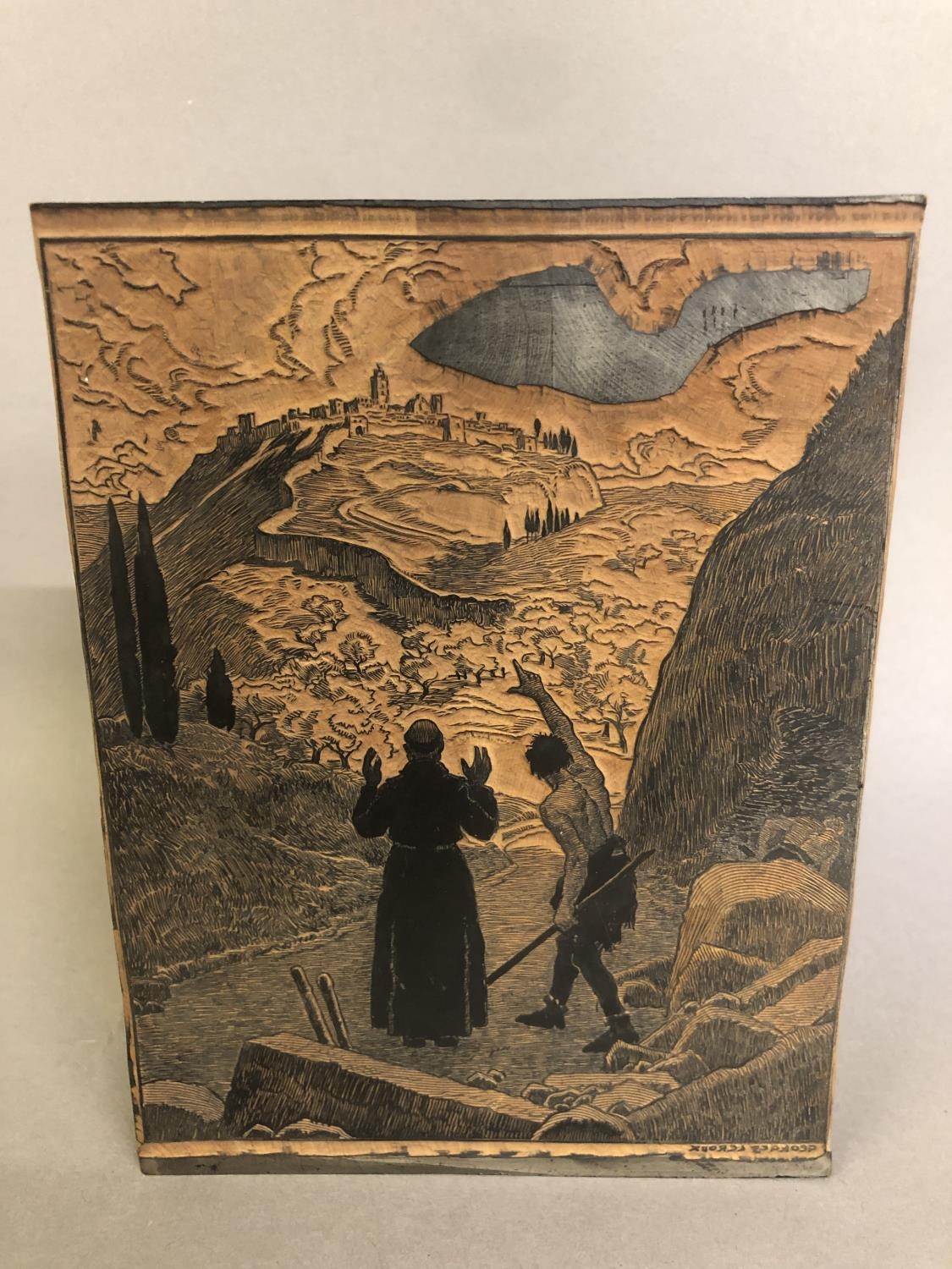Antique French wood printing blocks, one figurative, with a monk being guided to a hilltop fortified - Image 2 of 4
