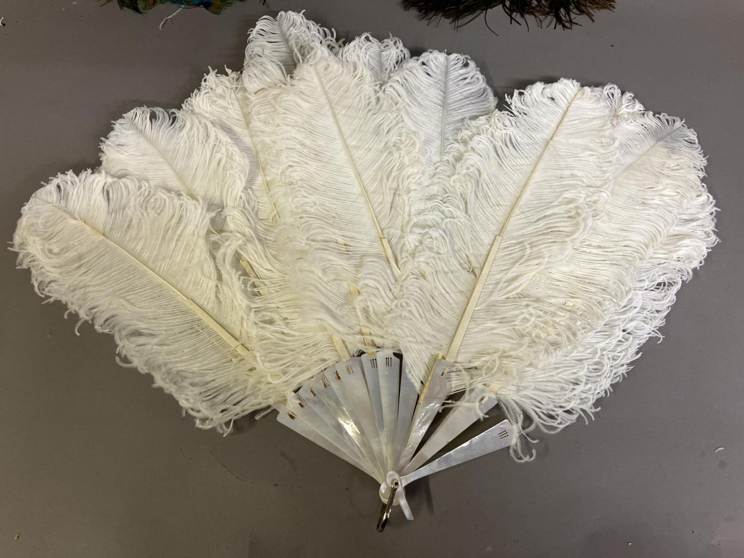 A late 19th century white ostrich feather fan, the monture of white mother of pearl, plain other - Image 4 of 10