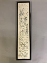 A 19th century embroidered silk Chinese sleeve band, framed and glazed, the cream ground