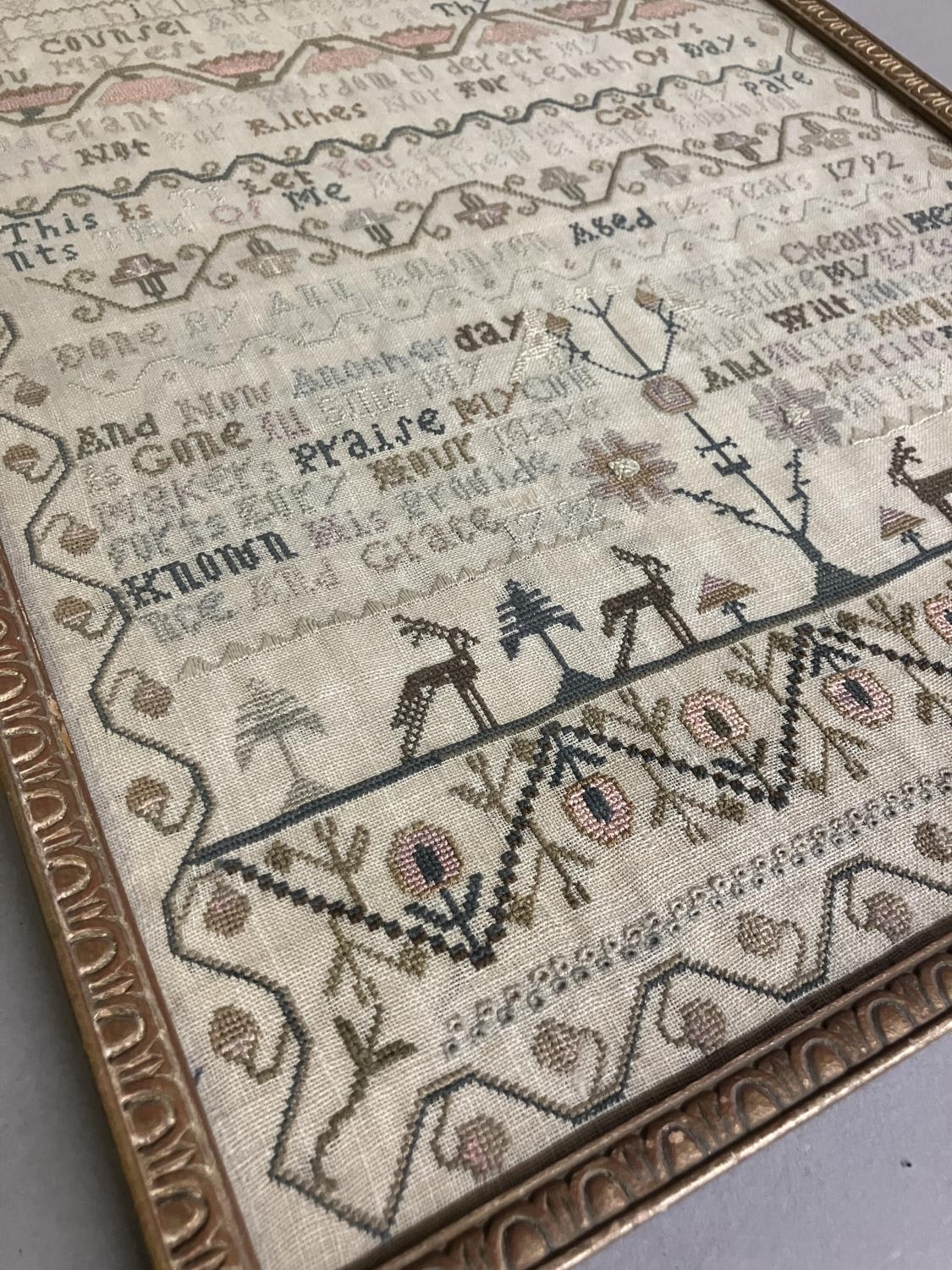 A good 18th century needle work sampler, dated 1792 in three places, alpha-numeric with the addition - Image 3 of 5