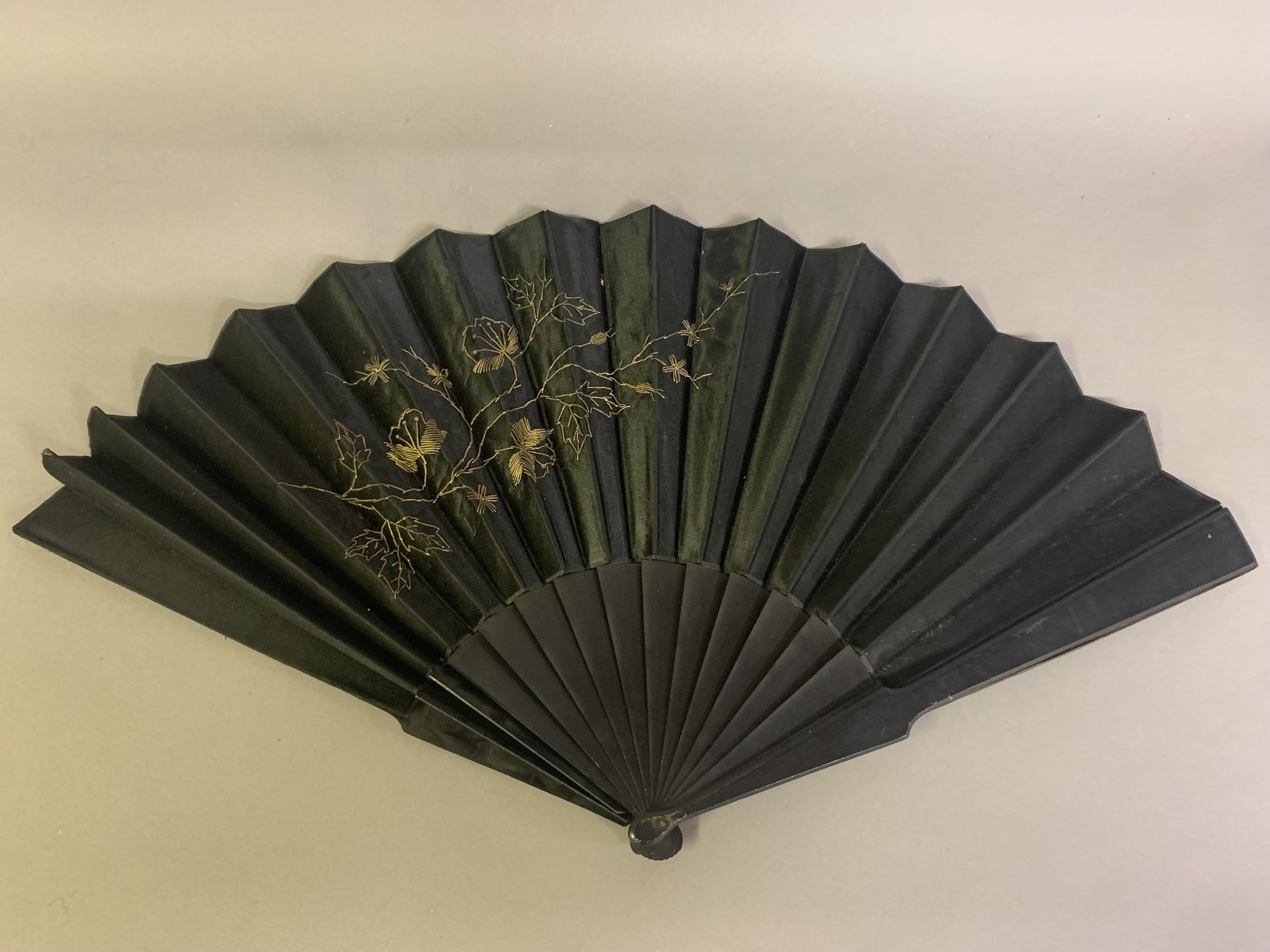 Three fans from the 1890’s: a large wood fan with cream cotton leaf, painted with Pierrot kneeling - Image 6 of 8