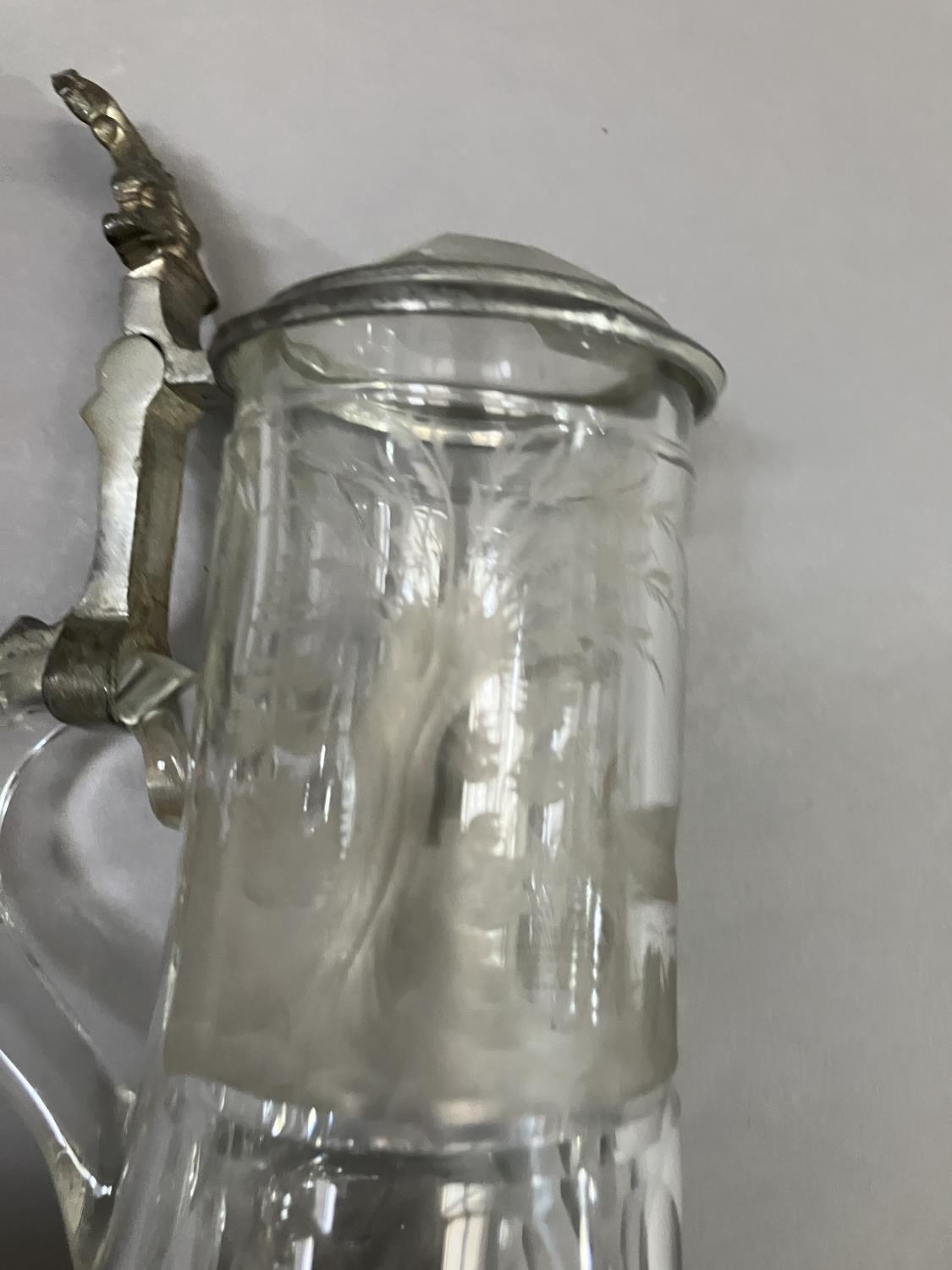 Three cut glass and pewter mounted tankards, one etched with water fowl in a river landscape with - Image 6 of 7