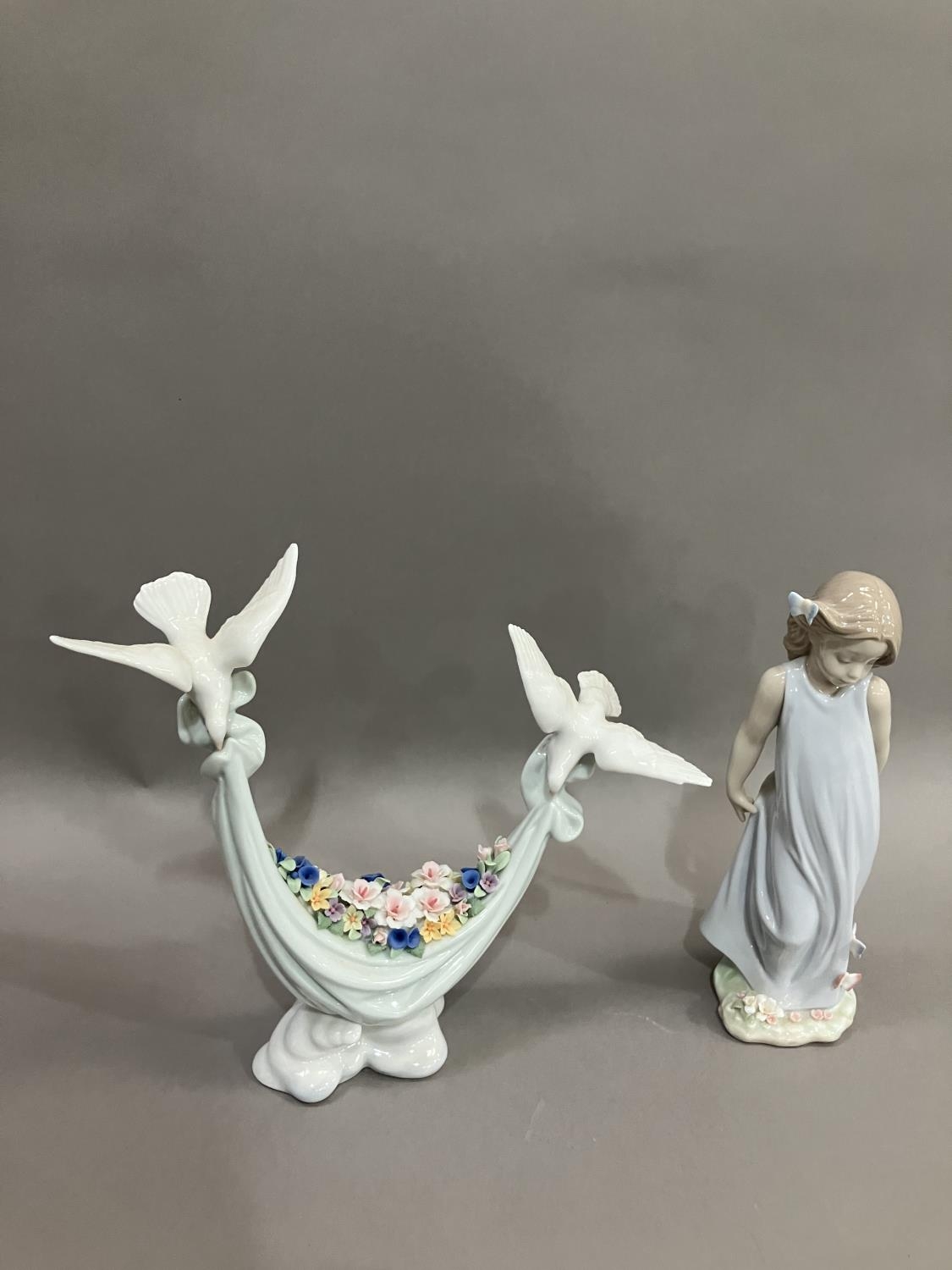 A Lladro figure group of two doves carrying a swag of flowers, no.6579 and Girl with butterflies - Image 2 of 3