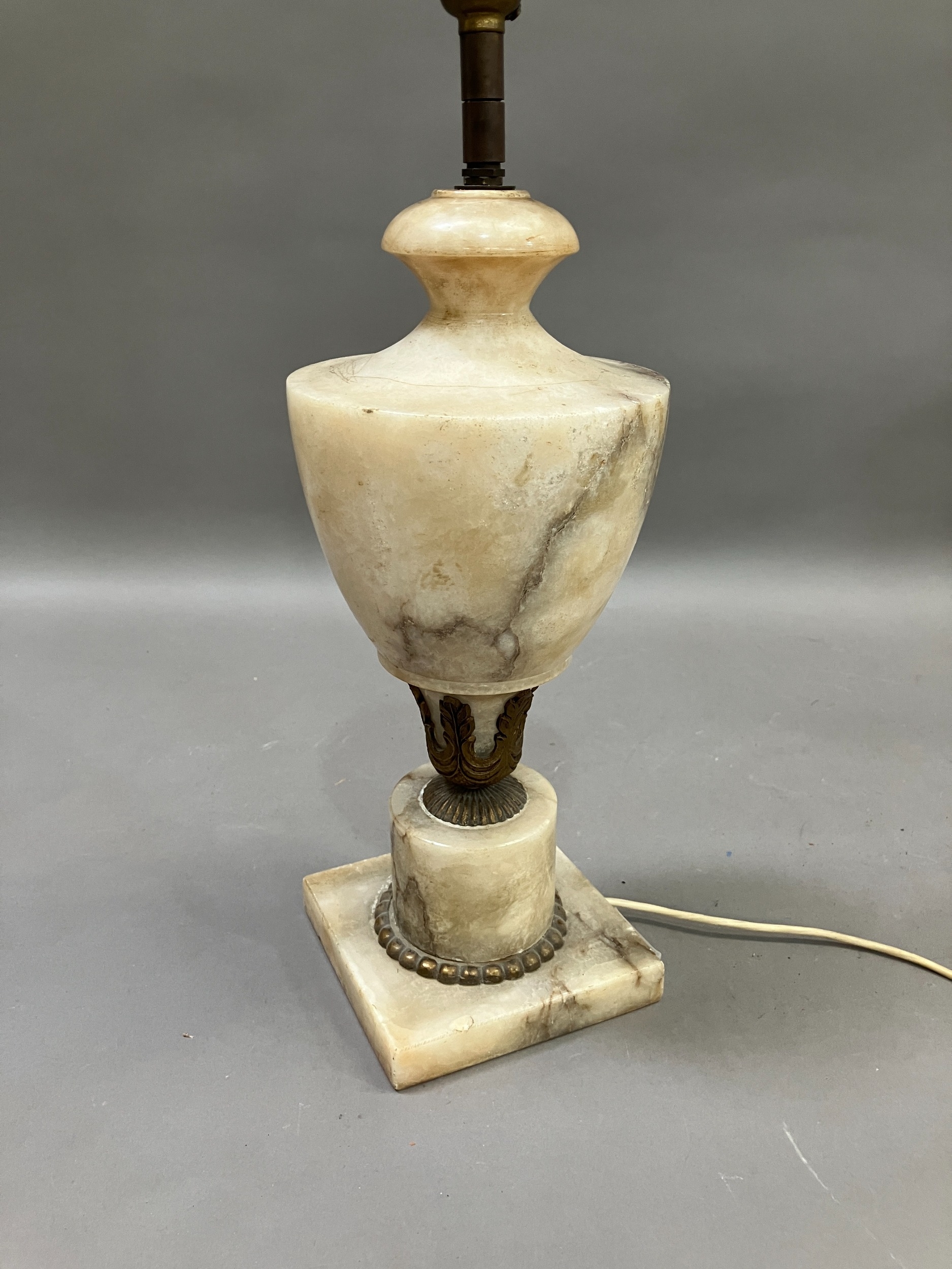 A gilt metal mounted alabaster table lamp of urn form on a square base, complete with shade, 42. - Image 3 of 4