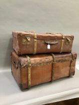 Two travel trunks, oak bound, one labelled S M Piercy
