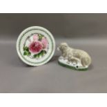 A Rye pottery 2007 group of ewe and lamb, 14.5cm high together with Port Merion plate,