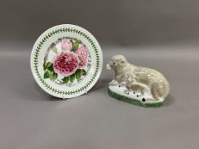 A Rye pottery 2007 group of ewe and lamb, 14.5cm high together with Port Merion plate,