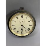 A Victorian ship's clock, the enamel dial with black Roman numerals and Arabic seconds dial,
