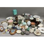 A quantity of decorative plates, royal commemorative ware, plant holders, vases, cake stand etc