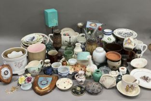 A quantity of decorative plates, royal commemorative ware, plant holders, vases, cake stand etc