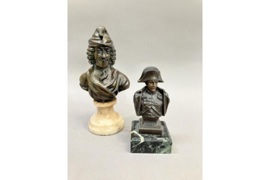 A bronze bust of Voltaire on a swept marble base, 15cm high together with a metal bust bust of - Image 2 of 4