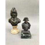 A bronze bust of Voltaire on a swept marble base, 15cm high together with a metal bust bust of