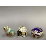 Three Royal Crown Derby paperweights, including a tree frog, bumble bee, for Collector's Guild and a