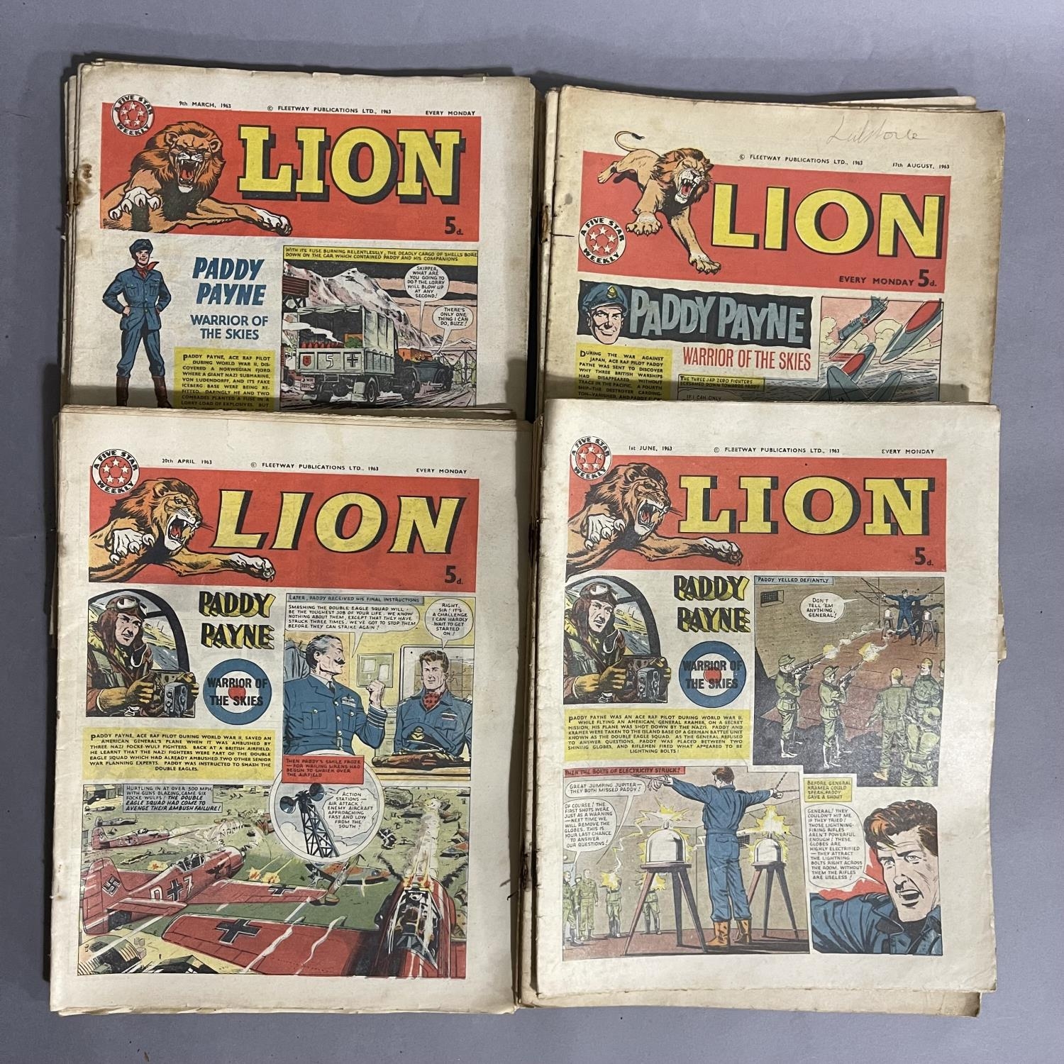 A collection of 34 early Lion comics from 1963 including 20th April to 5th January inclusive,
