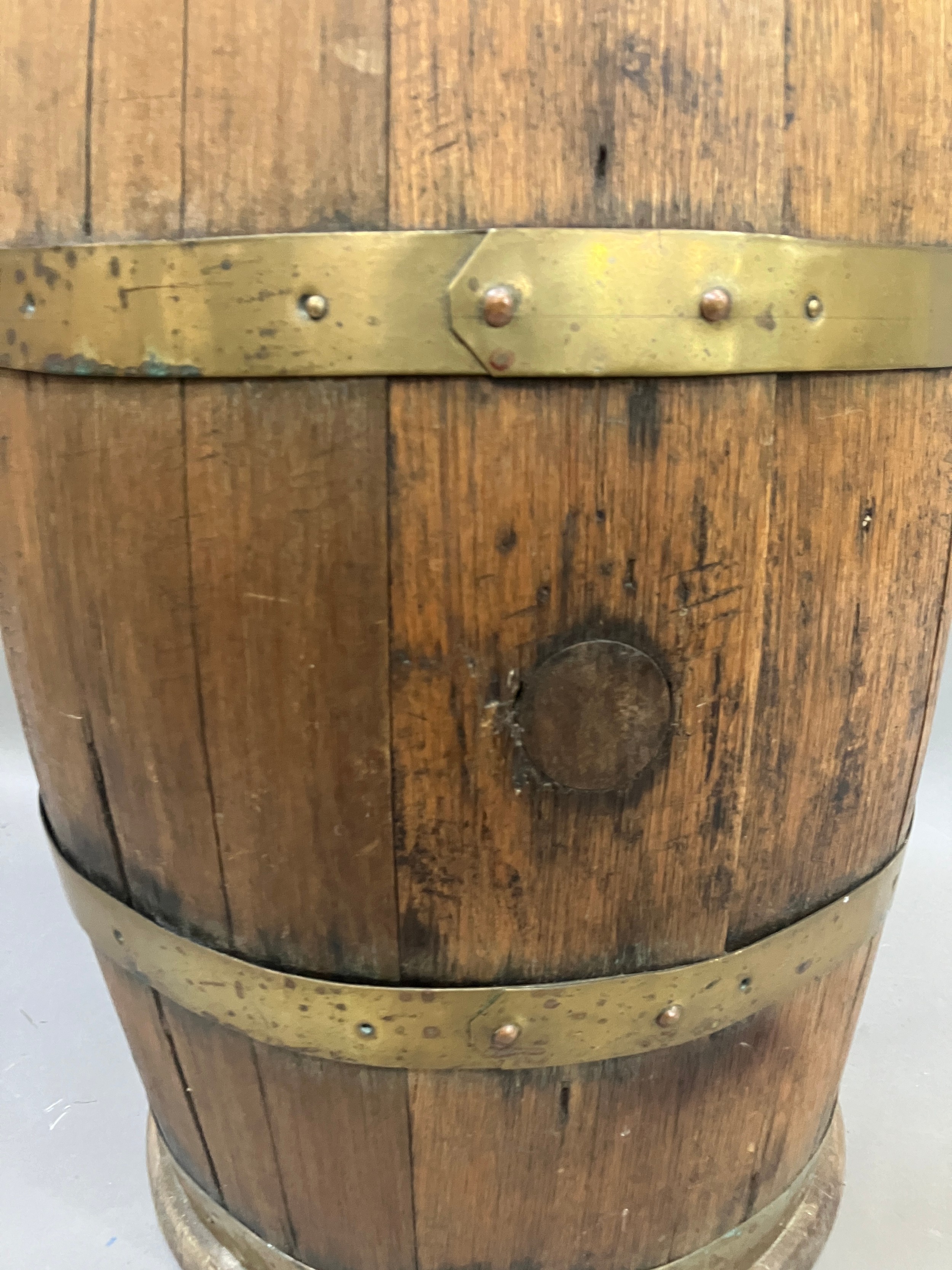 A brass bound and oak coopered barrel stick stand with swing handle together with several walking - Image 2 of 3