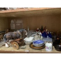 A model of a shire horse, perspex storage boxes, doll figurines of Prince Charles, smoked glass