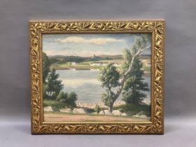 River landscape with village, oil on canvas, signed and dated 1950 to lower right, 54cm x66cm