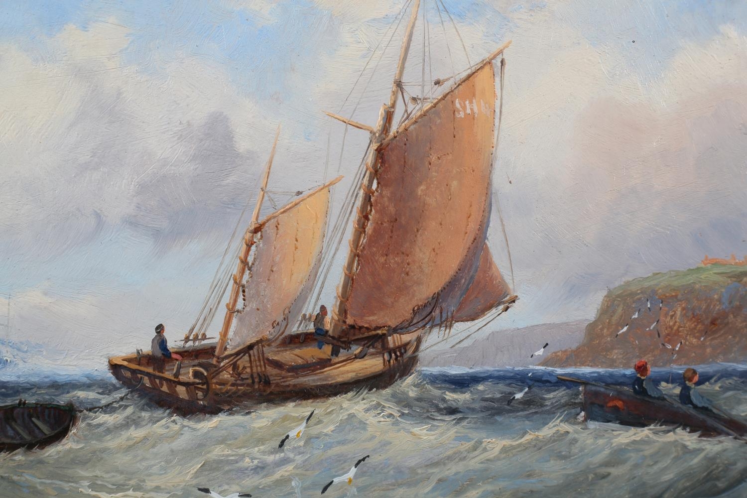 E BLAND (Act. late 19th/early 20th century), Shipping in a heavy swell off Whitby, oil on board, - Image 3 of 4