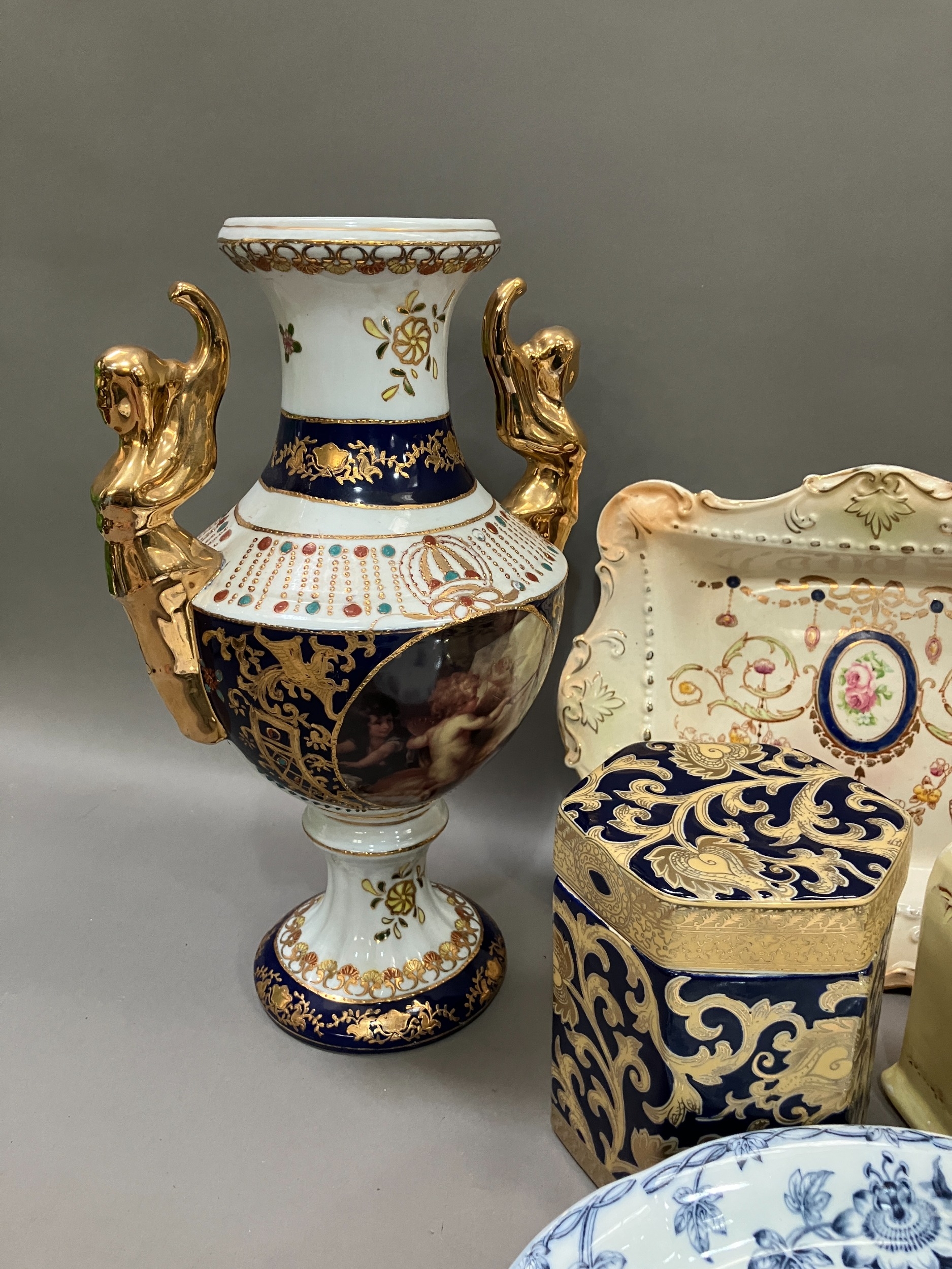 A Satsuma style vase with flared rim and twin dragon handles with cartouches filled with figures - Image 2 of 5