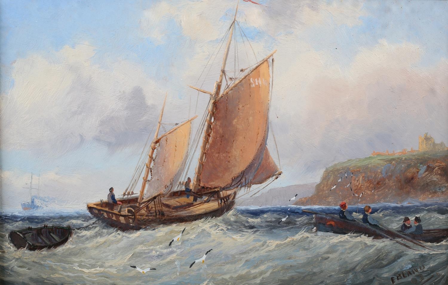 E BLAND (Act. late 19th/early 20th century), Shipping in a heavy swell off Whitby, oil on board, - Image 2 of 4