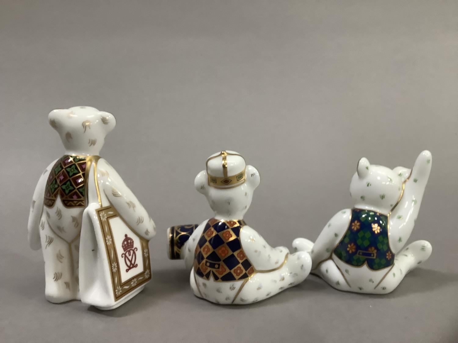 Three Royal Crown Derby teddy bears, Christmas bear with cracker, bear with carrier bag and seated - Image 3 of 4