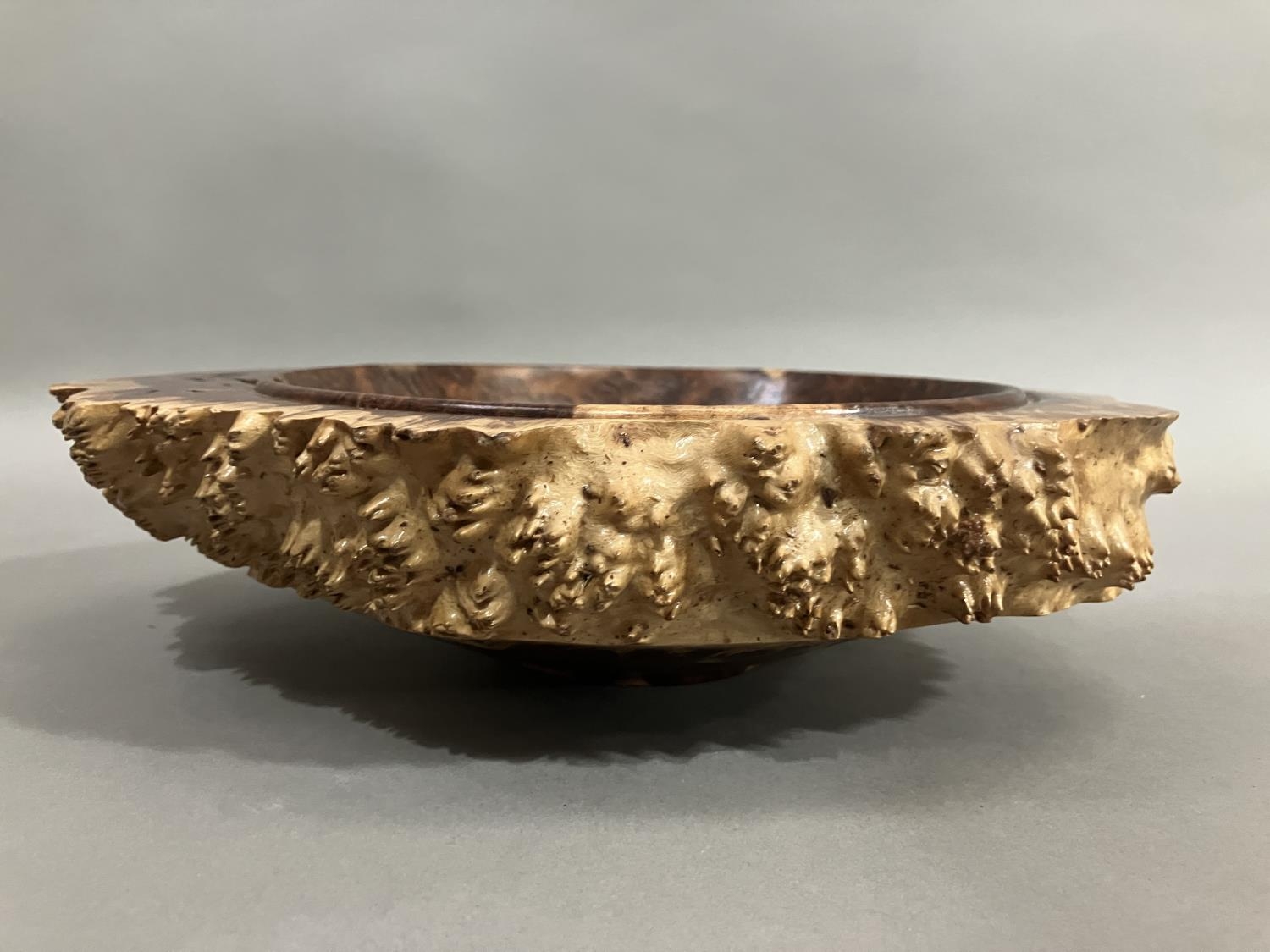 A turned walnut fruitbowl, the exterior formed as bark with a smooth interior - Image 2 of 6