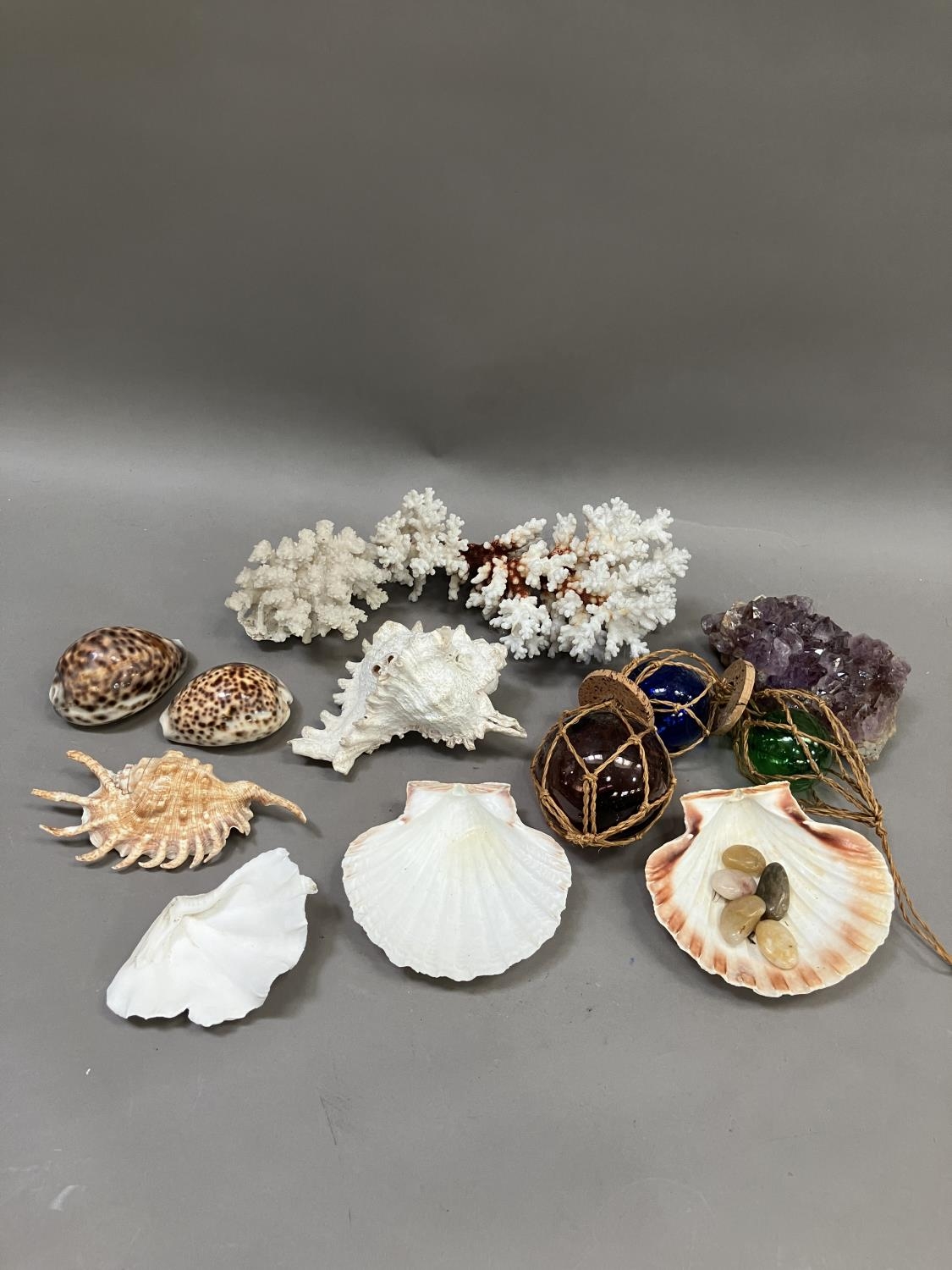 A collection of seashells, coral, green, blue and brown glass floats, amethyst sample etc - Image 2 of 2
