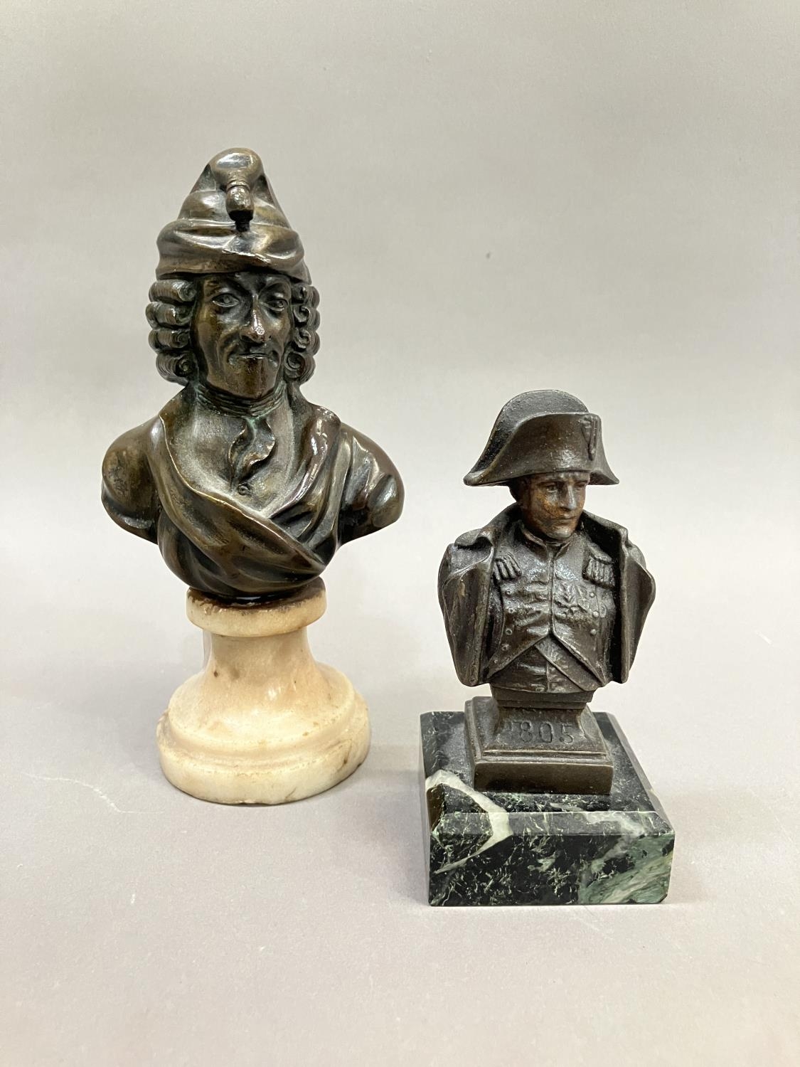 A bronze bust of Voltaire on a swept marble base, 15cm high together with a metal bust bust of - Image 3 of 4