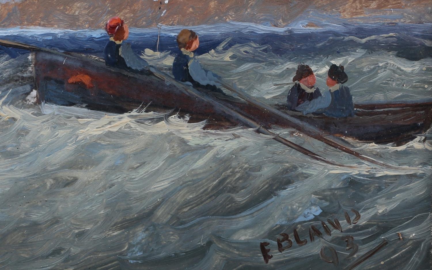 E BLAND (Act. late 19th/early 20th century), Shipping in a heavy swell off Whitby, oil on board, - Image 4 of 4
