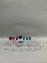 Various 19th century glasses including emerald and cranberry wines, penny lick, wine with air