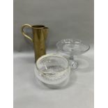 A Mappin and Webb cut glass dessert bowl, an etched and moulded brass tazza and a brass jug formed