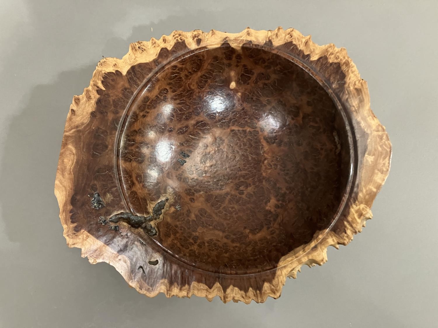 A turned walnut fruitbowl, the exterior formed as bark with a smooth interior - Image 4 of 6