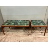 Two late 1960s tile topped tables with teak frames, the tiles possibly Hornsea pottery, 98cm x