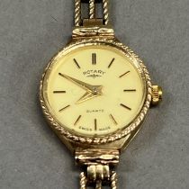 A Rotary lady’s quartz wrist watch in 9ct gold case, matt yellow dial with gilt batons and alpha