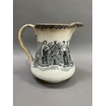 A 19th century pottery jug transfer printed with the Friendly Iron Moulders Society, figures and