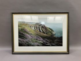 Patricia Kent, Bradder Head, Isle of Man, a coastal landscape with headland and heather covered